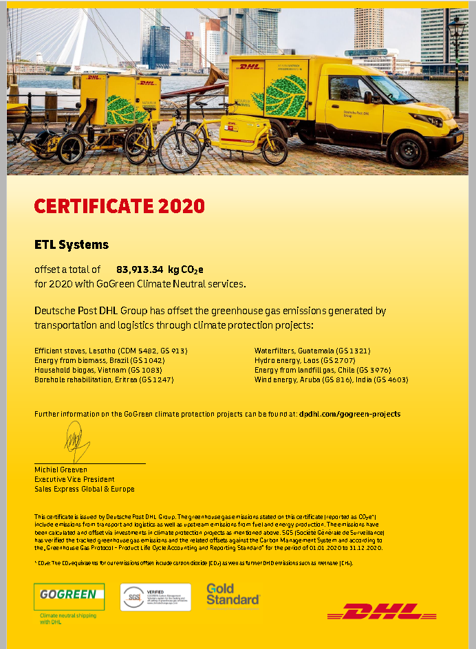 ETL Systems GoGreen 2020 Certificate - through DHL's GoGreen Climate Neutral Services